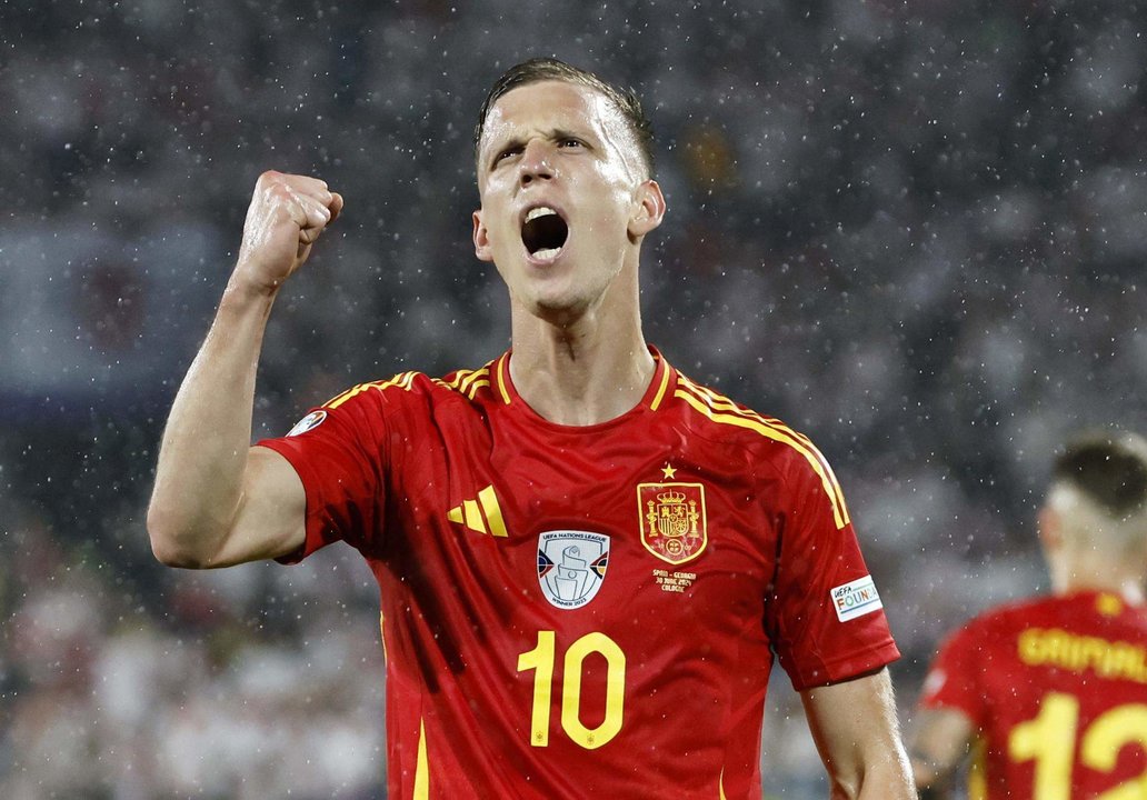 El español Dani Olmo, tras marcar el 4-1 frente a Georgia, en una foto de archivo. EFE/EPA/ROBERT GHEMENT